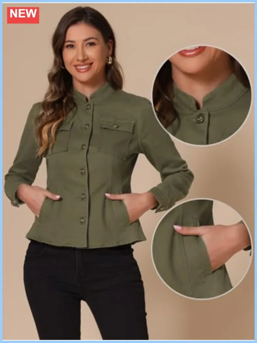 Classic Stand Collar Denim Jacket Long Sleeve Button Front Cotton Blend Casual